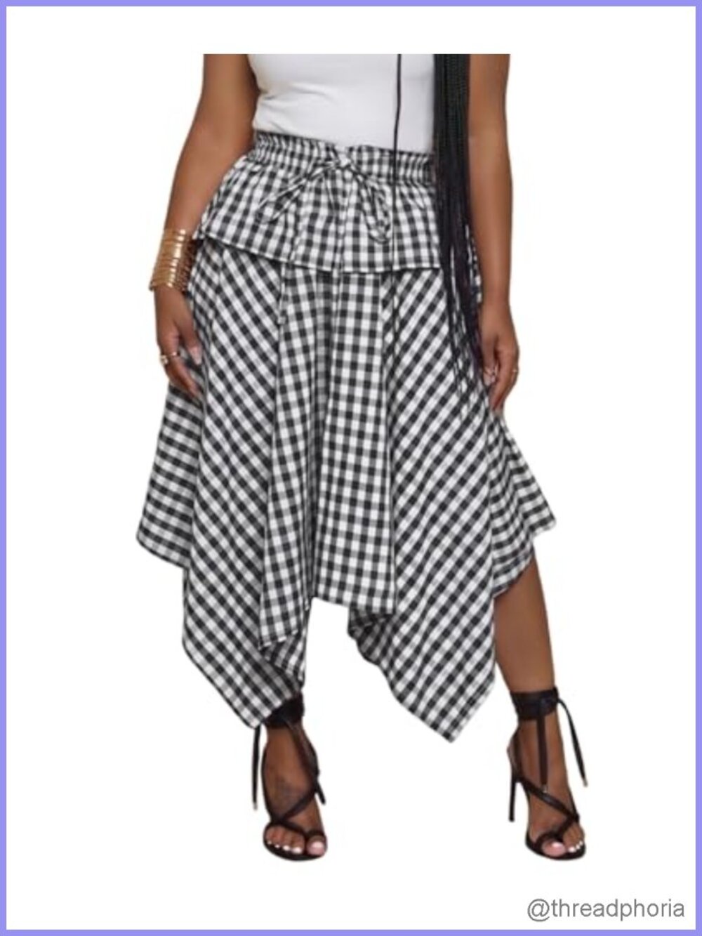 Womens Gingham Handkerchief Midi Skirt Asymmetrical High Waist Flare